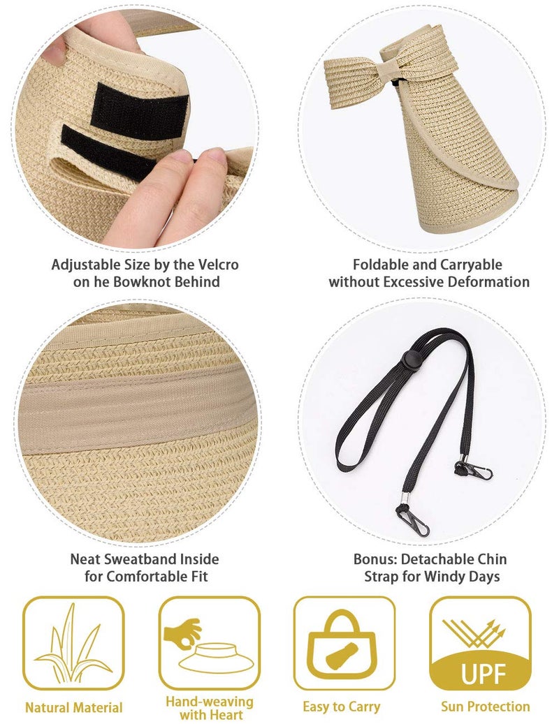 MAYLISACC 2 Pack Wide Brimmed Sun Protection UPF50+ Straw Sun Visor Hats with Cute Bowtie for Women Foldable Packable Black&Beige - Image 4